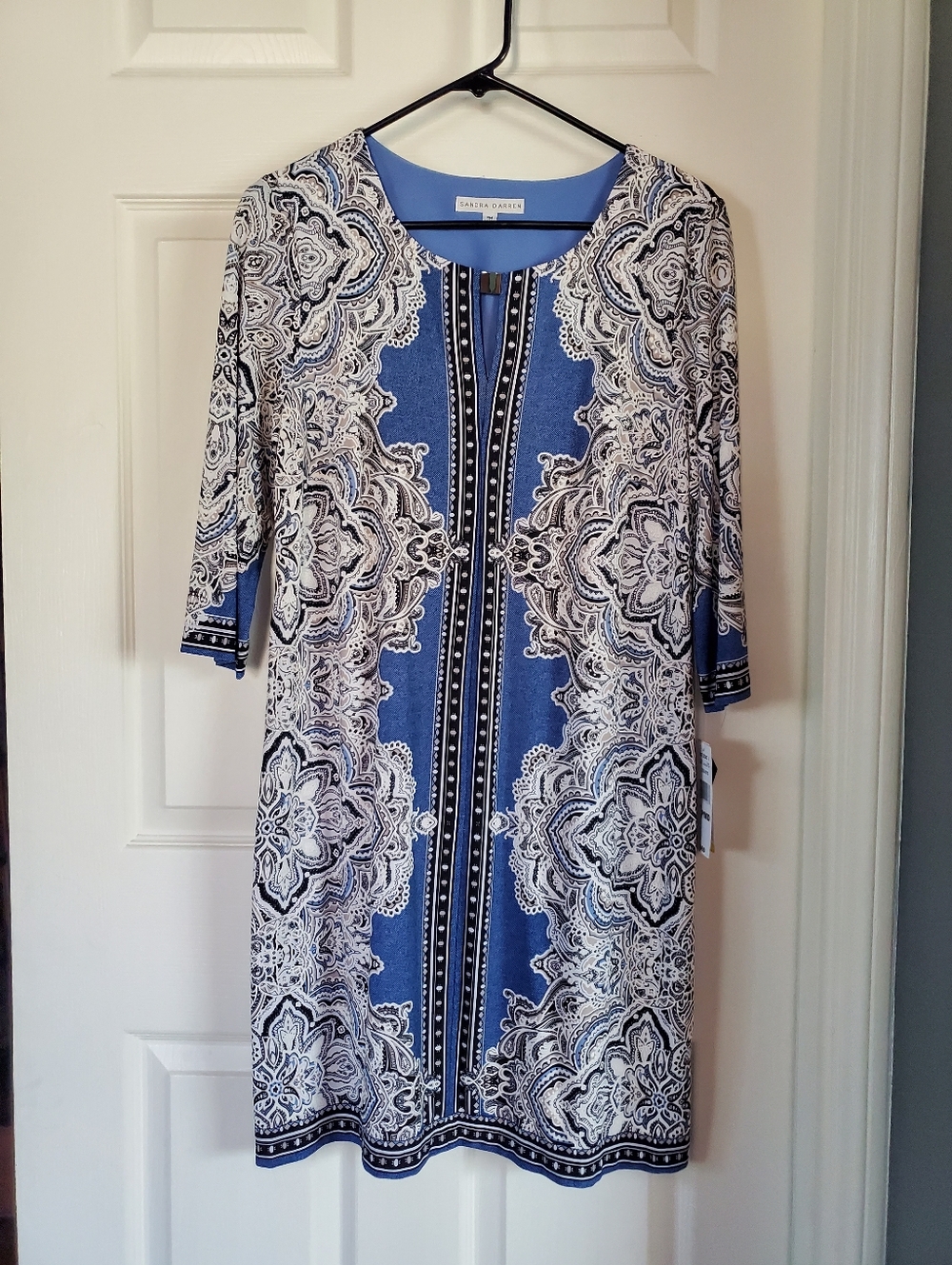 Sandra Darren Blue White Paisley-Print Midi Dress Shift Classy Career Formal PM